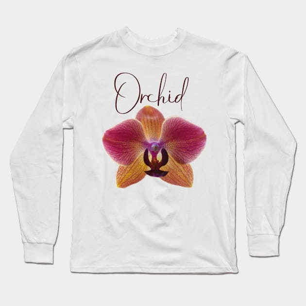 Pink and Yellow Orchid with Red Veins and Text Long Sleeve T-Shirt by ArtMorfic